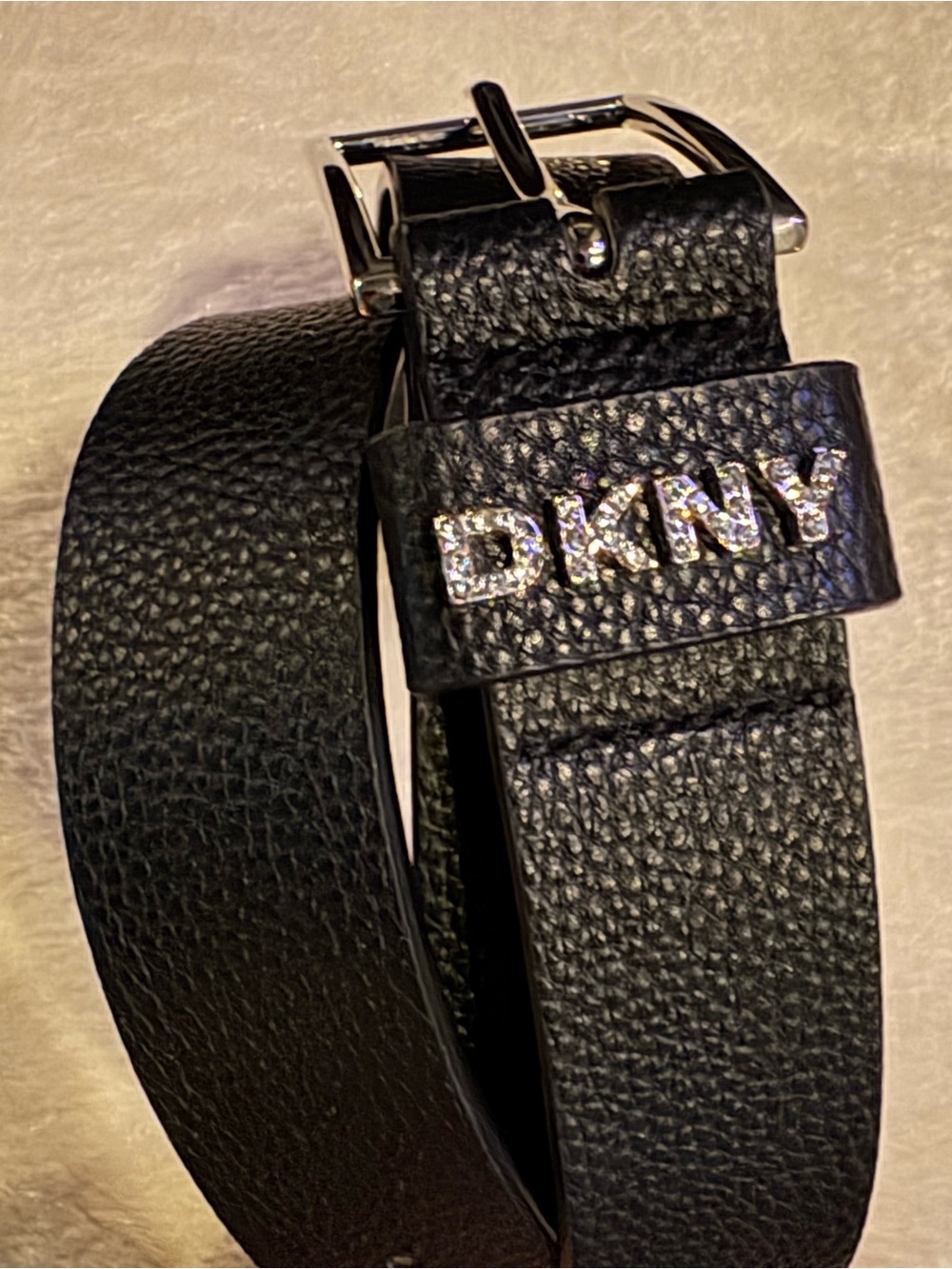 DKNY Black Pebbled Leather Belt with Crystal DKNY Logo
